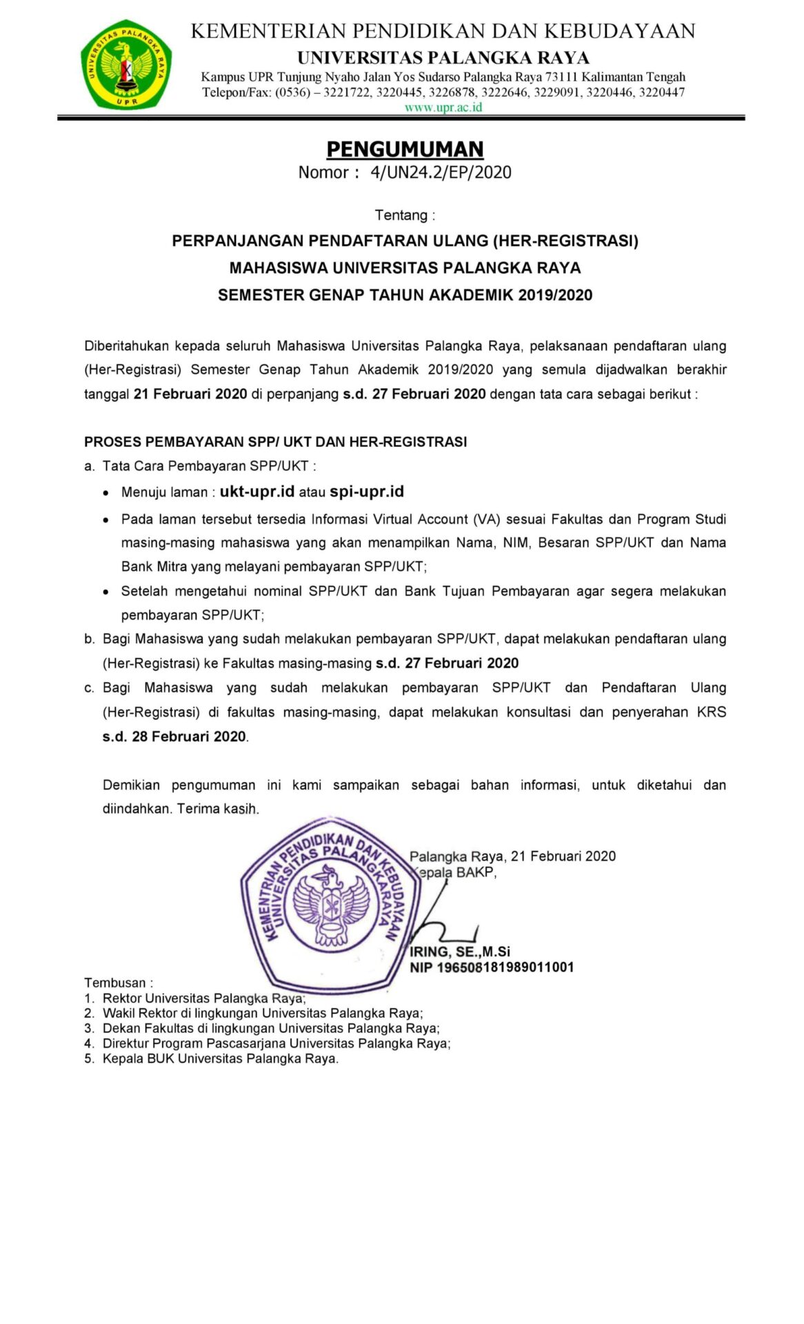 Perpanjangan Her Registrasi Mahasiswa UPR Semester Genap T A 2019 2020