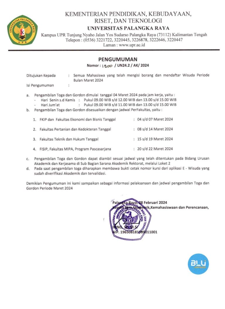 Pengumuman Jadwal Pembagian Toga Wisuda Upr Periode Bulan Maret Tahun