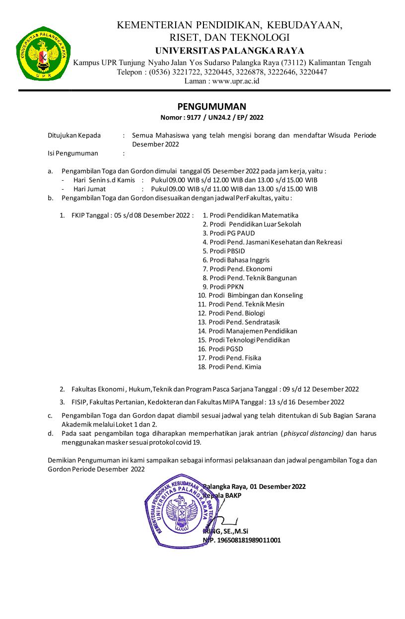 PENGUMUMAN : Jadwal Pembagian Toga Wisuda UPR Periode Desember 2022 ...